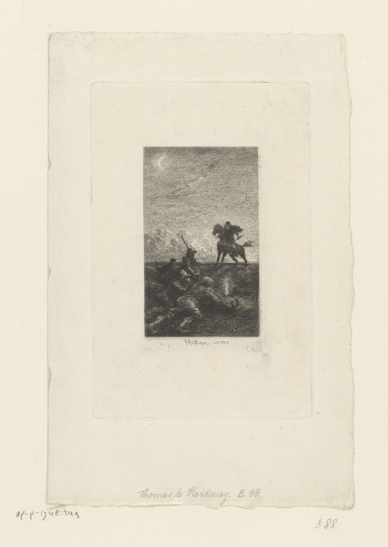 Ruiter valt een groep mannen aan in de nacht by Félix Hilaire Buhot