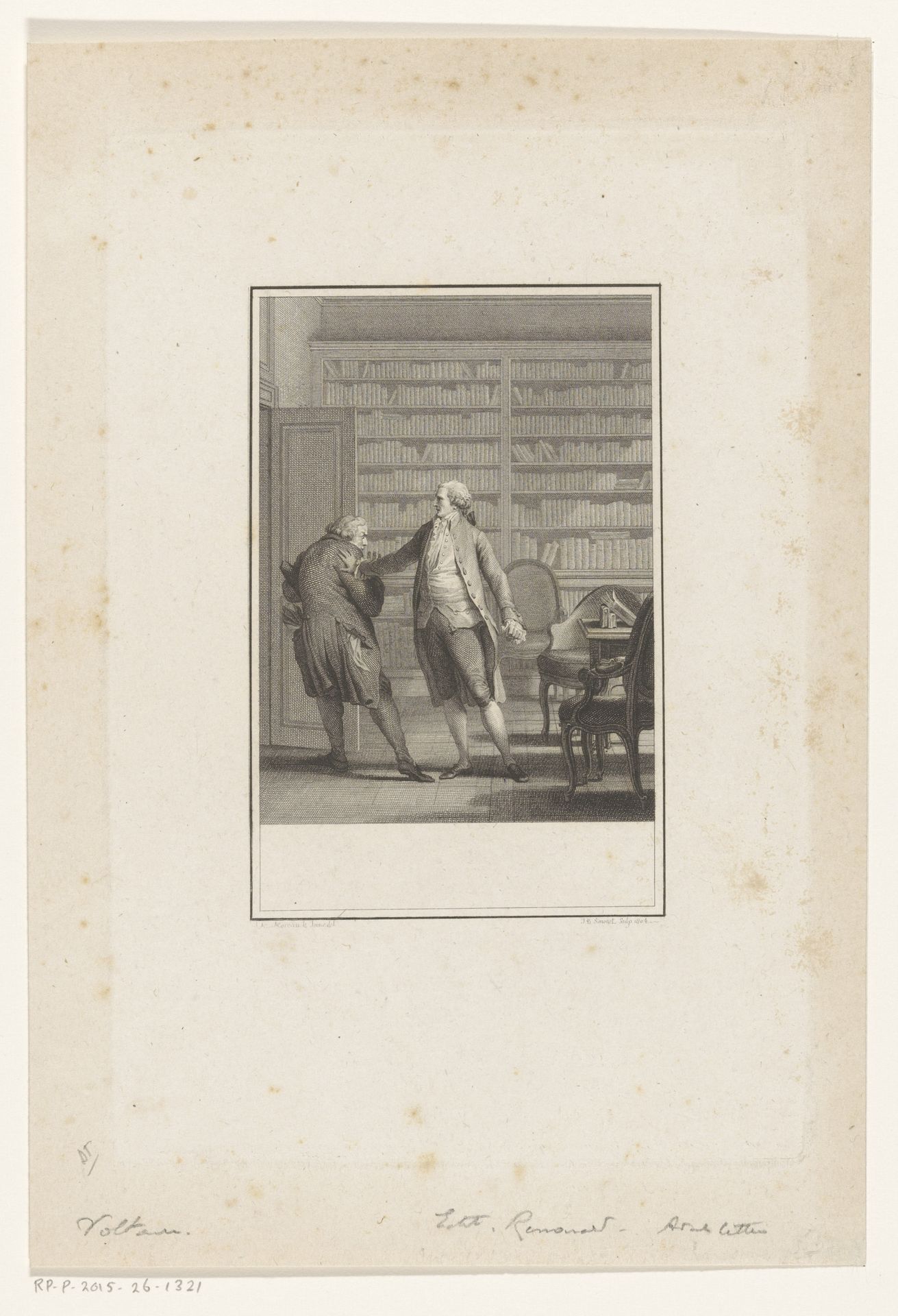 Twee mannen in een bibliotheek by Jean-Baptiste-Blaise Simonet