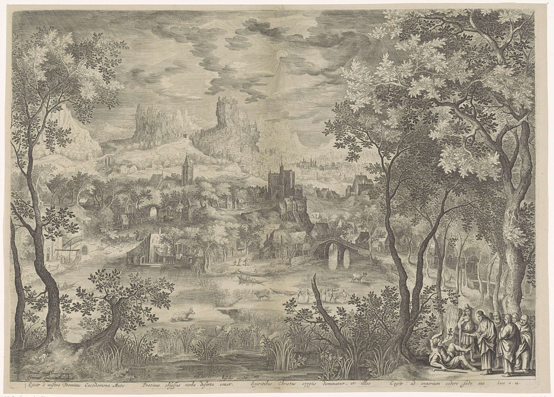 Landschap met Christus die een demon uitdrijft bij een man die niet kon spreken by Jan van Londerseel