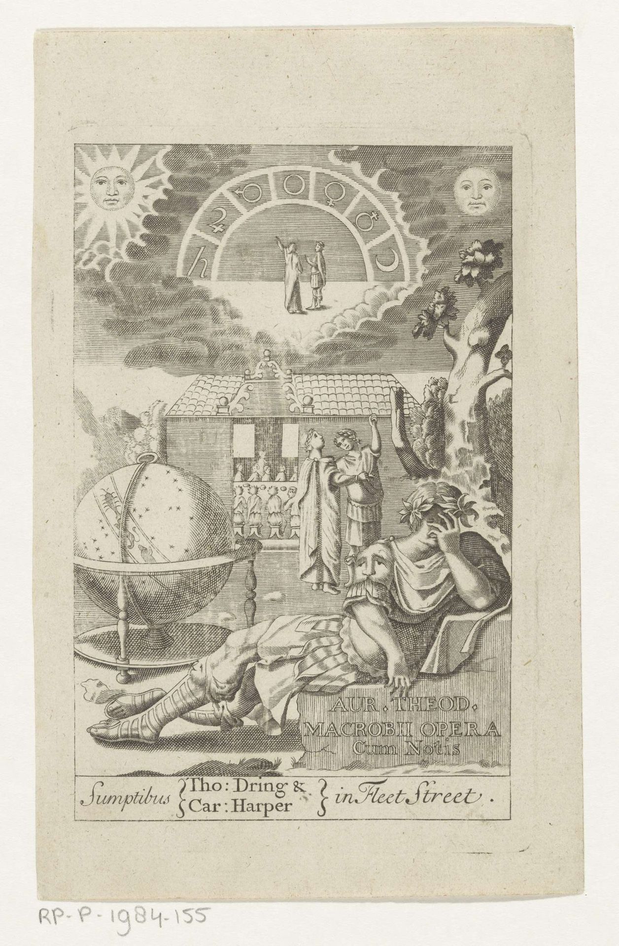 Ambrosius Theodosius Macrobius leunend op steen naast globe by Anonymous