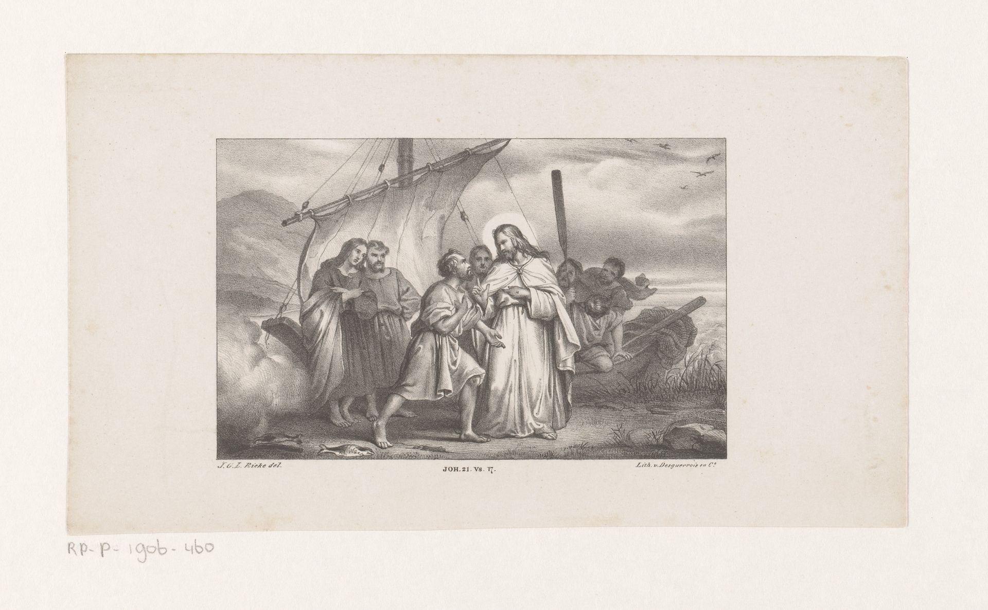 Christus verschijnt bij het Meer van Galilea en stelt Petrus aan als hoofd van zijn kerk by Johan George Lodewijk Rieke