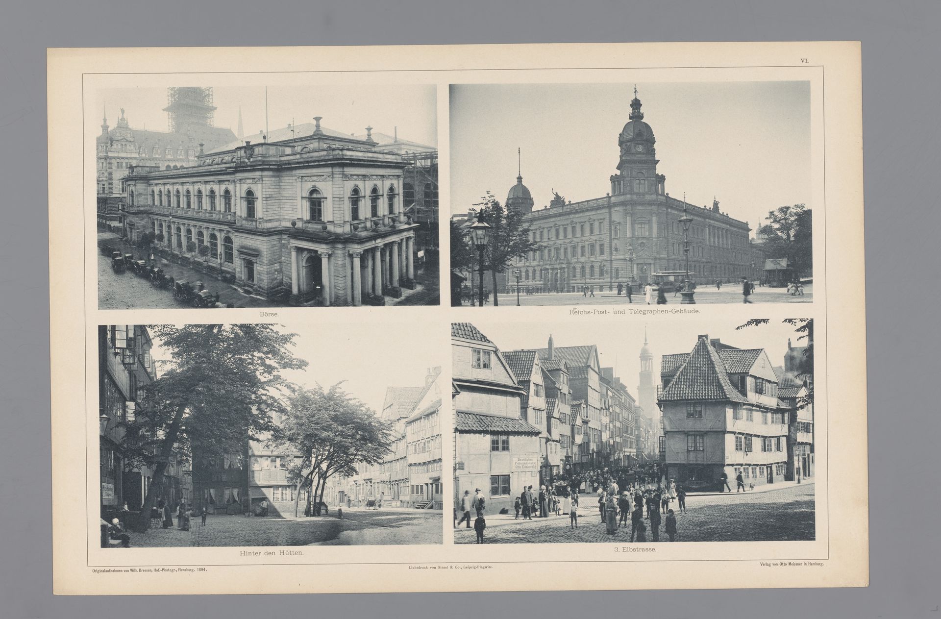 Vier gezichten op Hamburg, afgebeeld de beurs, de rijks post- en telegramdienst, een plein en Elbstrasse by Wilhelm Dreesen