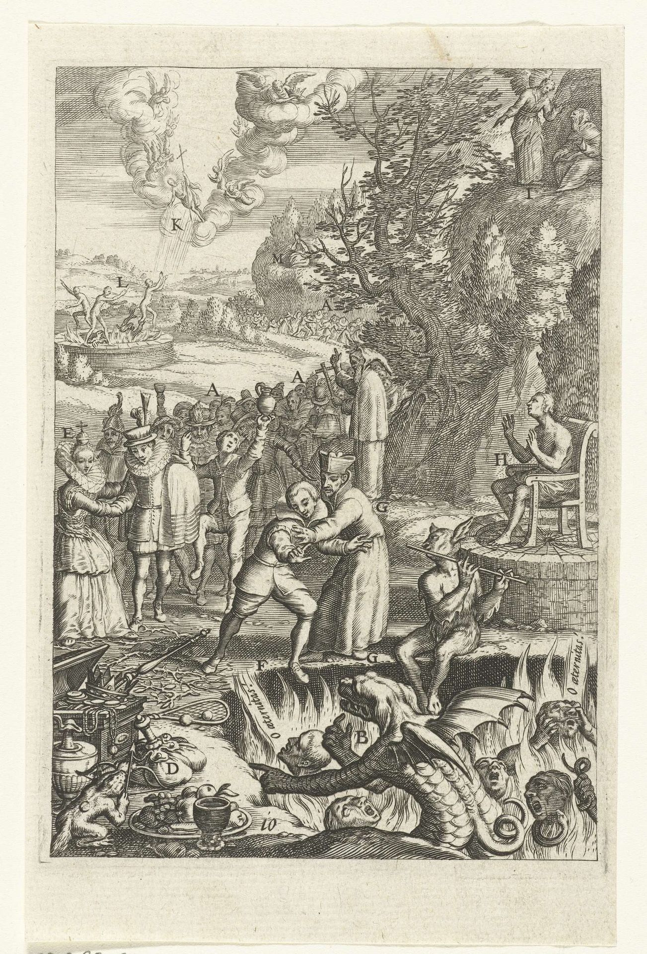 Embleem met bisschop die een man beschermt tegen de verzoekingen van een duivel by Boëtius Adamsz. Bolswert