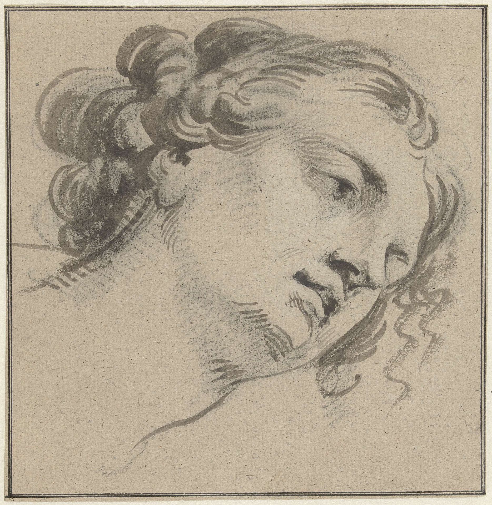 Vrouwenhoofd met krullend haar, driekwart naar rechts en voorovergebogen by Jacob de Wit