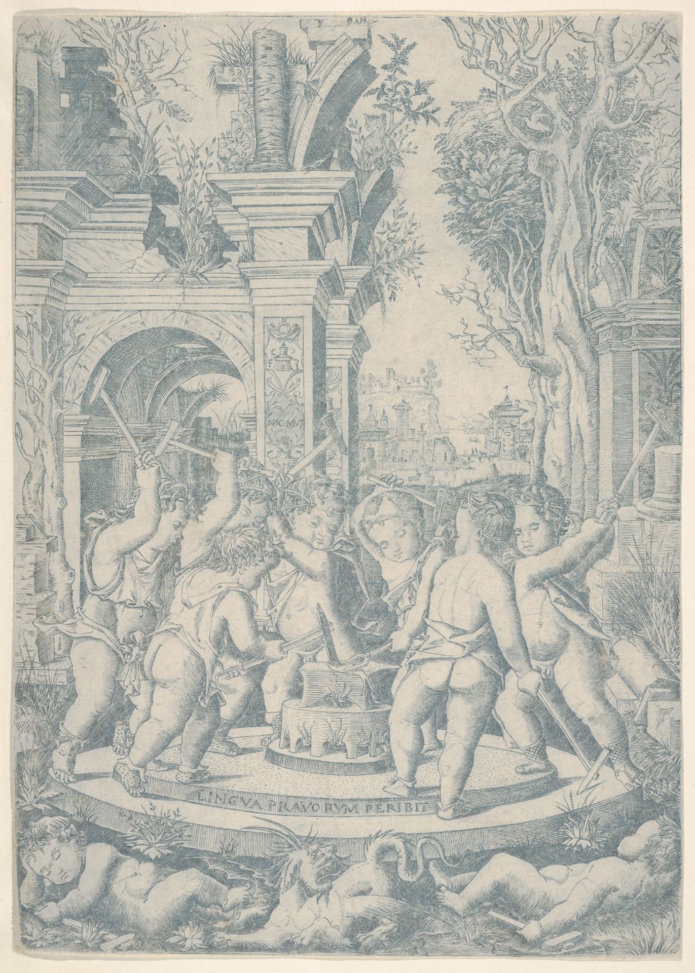 The fate of an evil tongue; seven putti stand around an anvil on which they hammer a tongue, landscape and architecture behind by Nicoletto da Modena