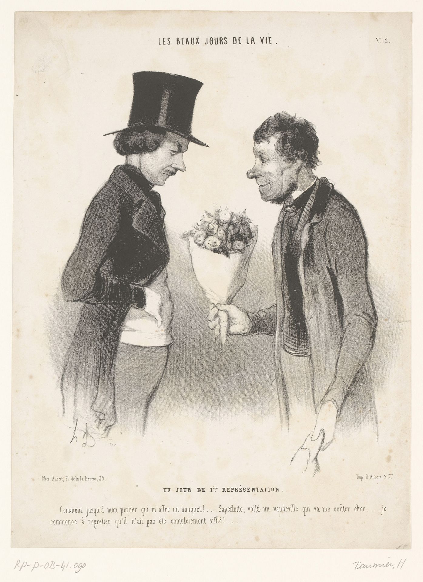 Man krijgt een bos bloemen van zijn huisbewaarder by Honoré Daumier