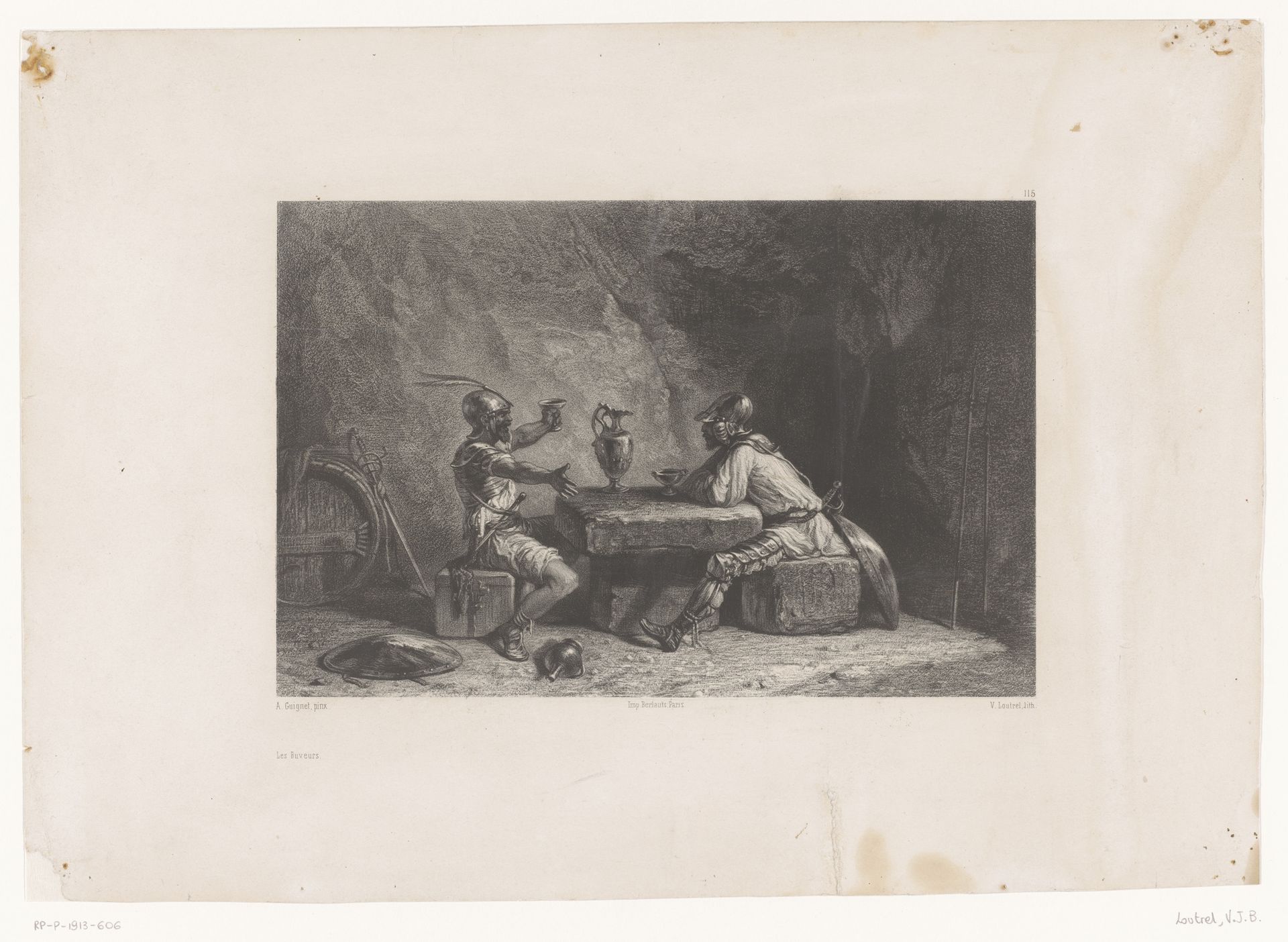 Twee soldaten zitten in een grot te drinken by Victor Jean Baptiste Loutrel