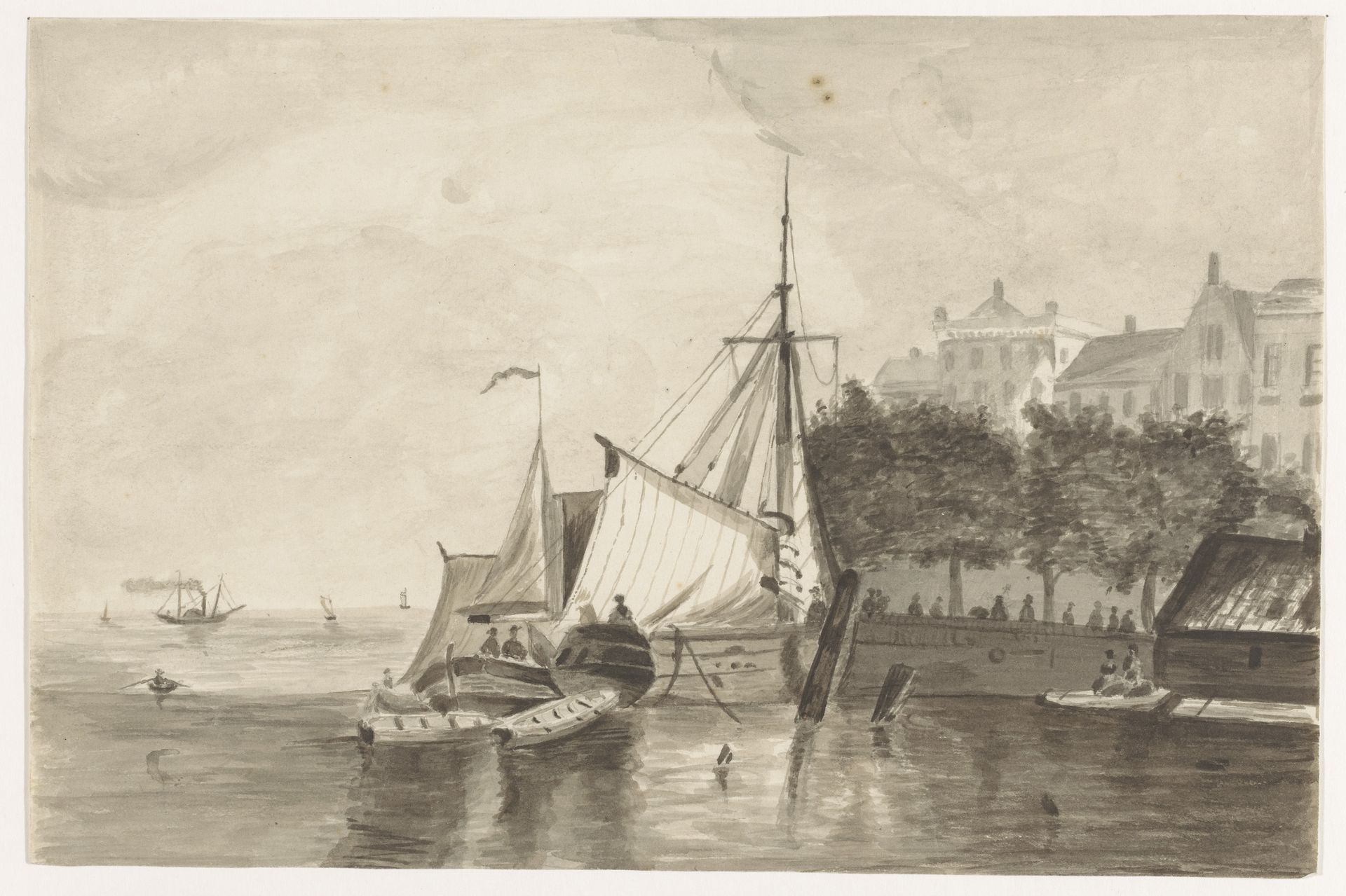 Schepen aan een kade (Rotterdam?) by Johannes Tavenraat