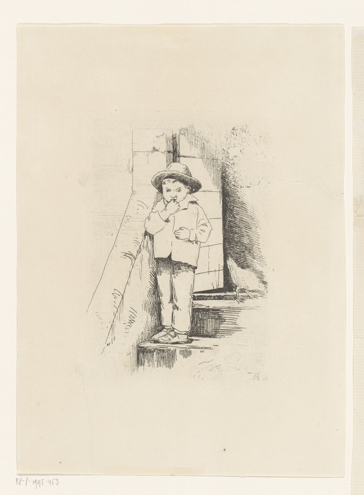 Jongetje op stenen trap voor een huis by Carl Bloch