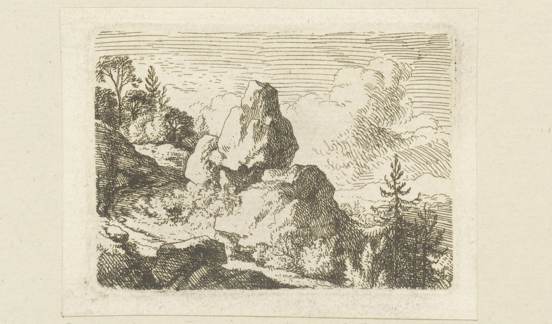 Landschap met pad langs een rotsblok by Christian Wilhelm Ernst Dietrich