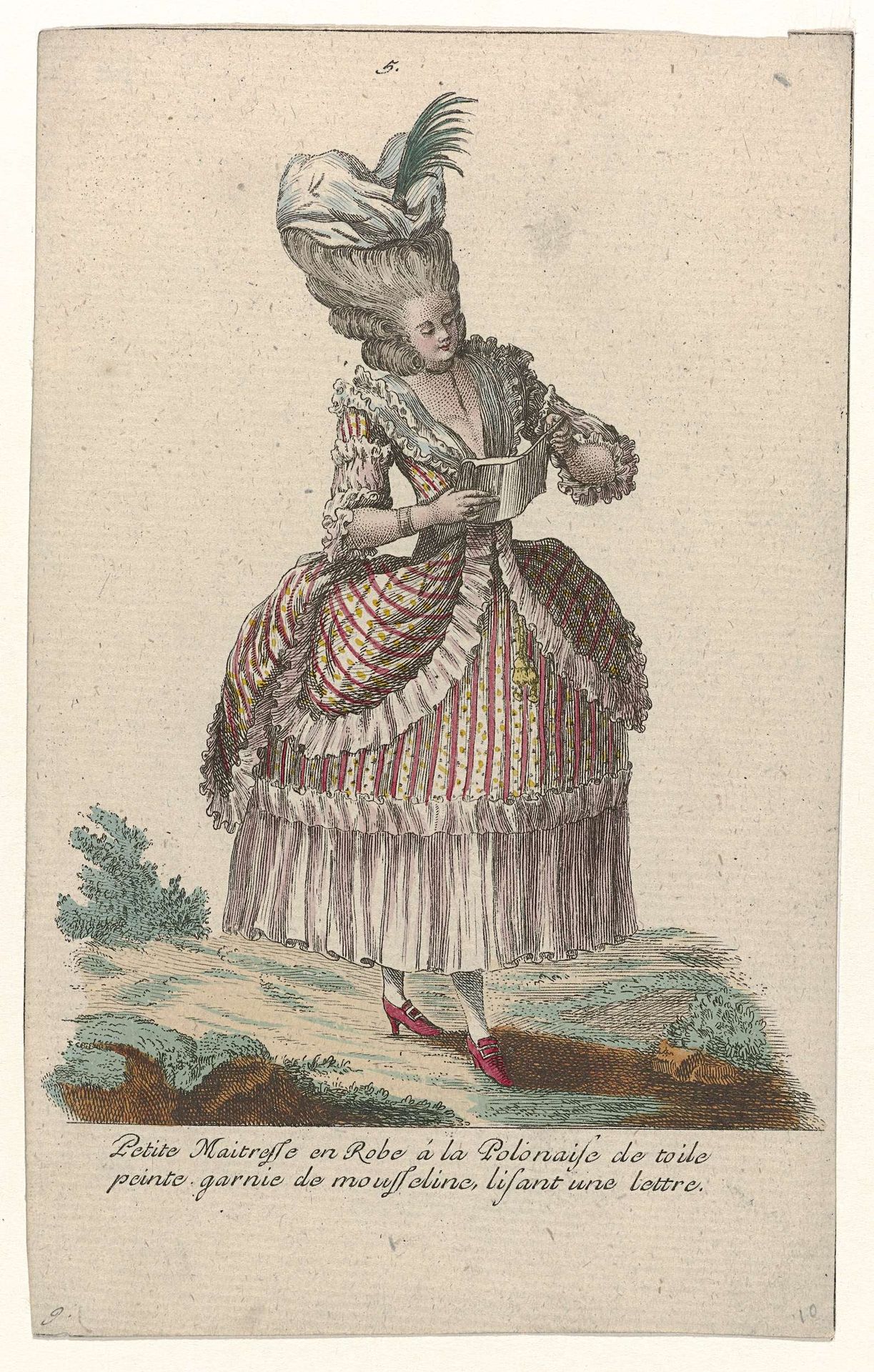 Gallerie des Modes et Costumes Français, 1785, nr. 5, nr. 9, Kopie naar G 39 : Petite Maitresse en Robe a la Polonais (...). by Pierre Gleich