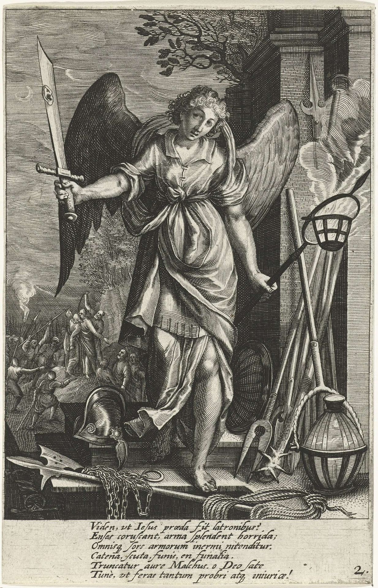 Engel met zwaard met het oor van Malchus by Abraham Hogenberg