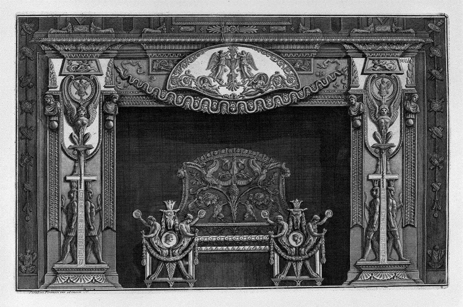 Fireplace: trophies with sphinxes in the sides, to which the lower two figures are set against Egypt, in the interior, full wing by Giovanni Battista Piranesi