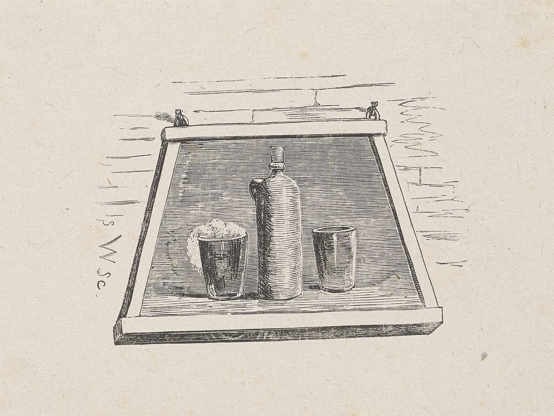 Vignet met een uithangbord met daarop een kruik en twee bekers by Isaac Weissenbruch