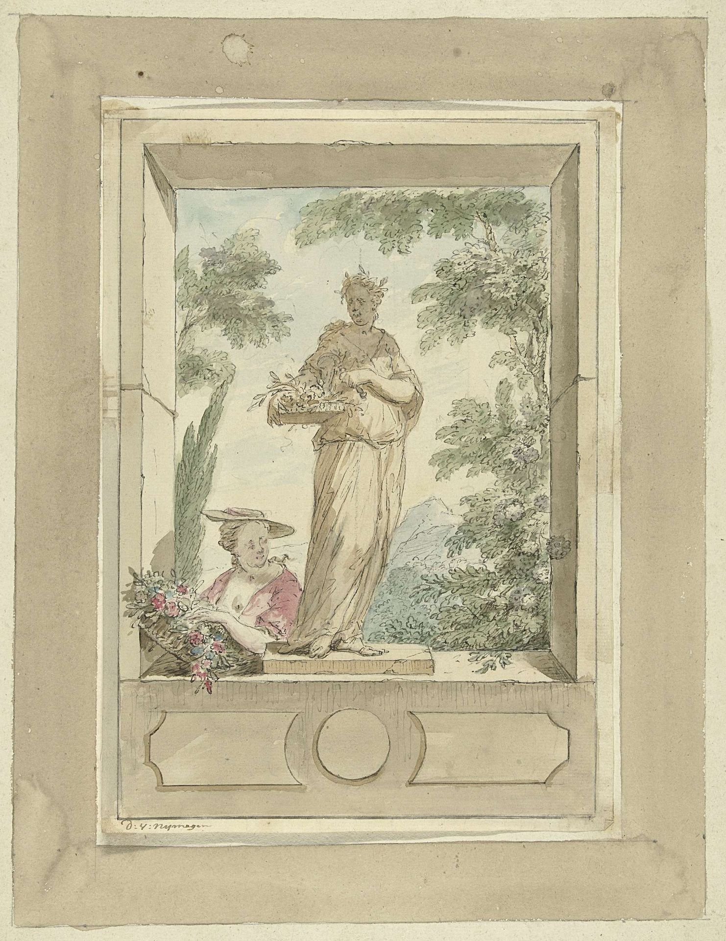 Ontwerp voor een zaalstuk: standbeeld van Flora waarachter een vrouw met bloemenmand by Dionys van Nijmegen