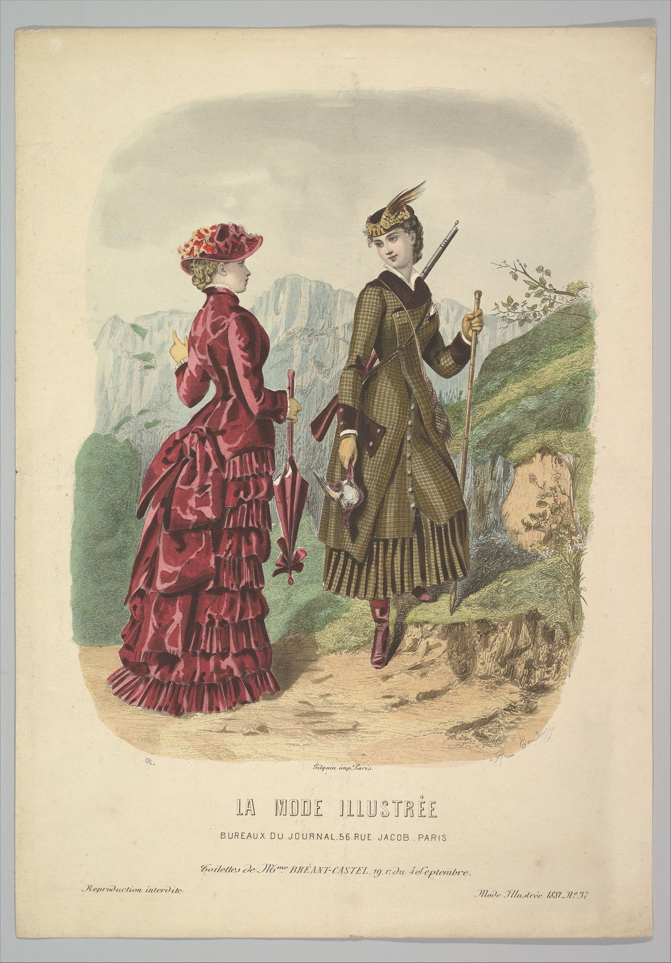 A Lady in a Hunting Costume with a Lady in Walking Costume on a Mountain Path from La Mode Illustrée by Adèle-Anaïs Toudouze