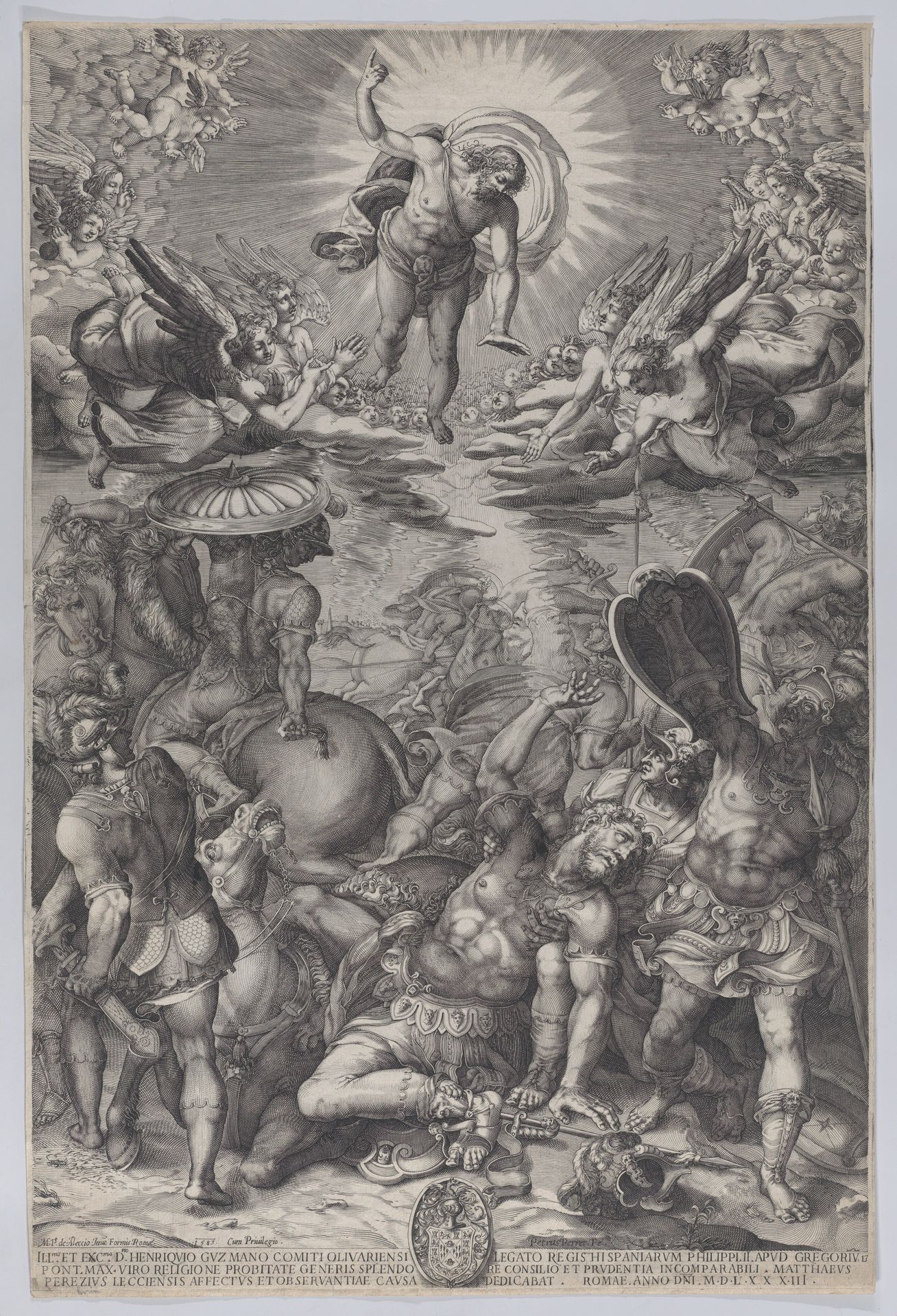 The conversion of Saul, who lies on the ground surrounded by horses and soldiers as Christ appears above him by Pieter Perret