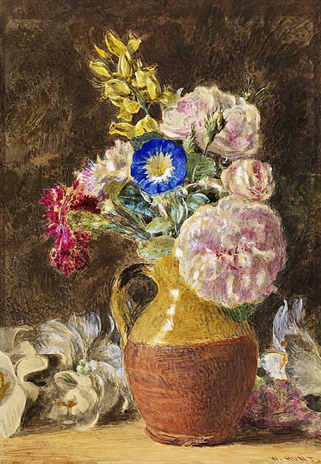 Mixed flowers in a brown and fawn Jug by William Henry Hunt