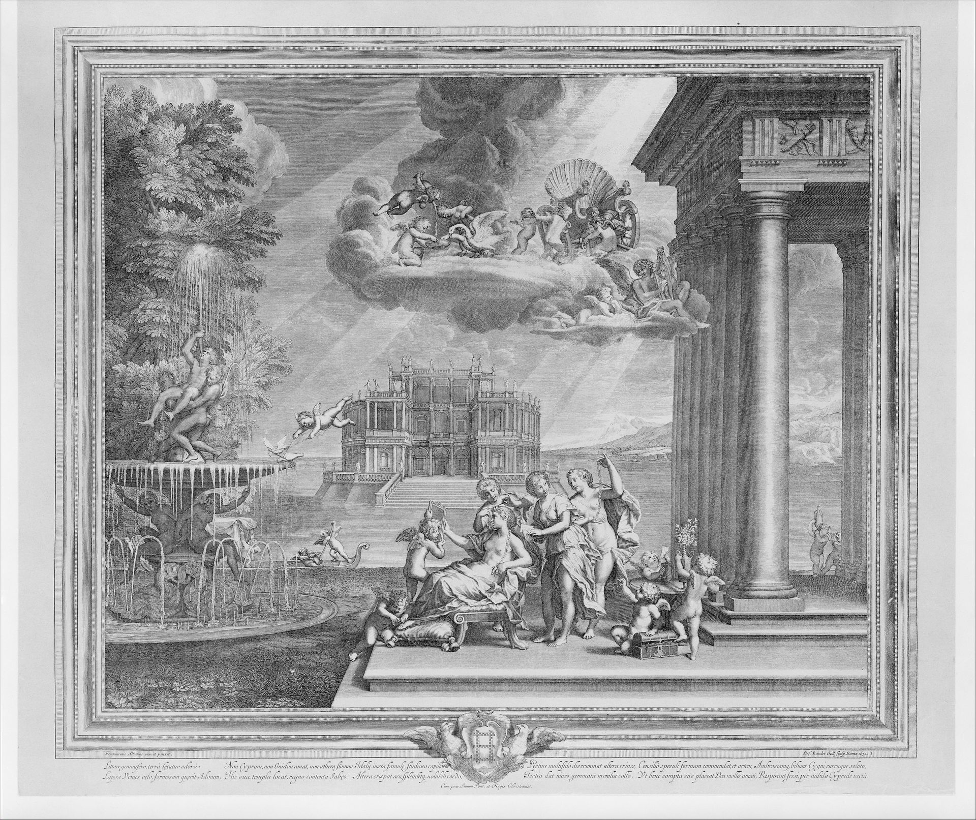 Plate 1: The Toilette of Venus; Venus reclining at center, gazing into a mirror held by Cupid, attendants fix her hair while a putto ties her sandal, above her chariot appears on a cloud; from the series 'The Loves of Venus and Adonis' by Etienne Baudet