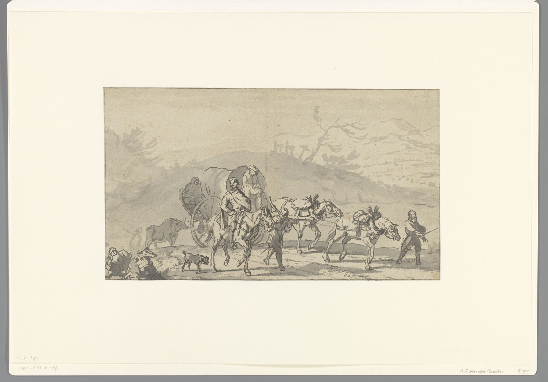 Een met twee paarden bespannen kar in een landschap by Adam van der Meulen