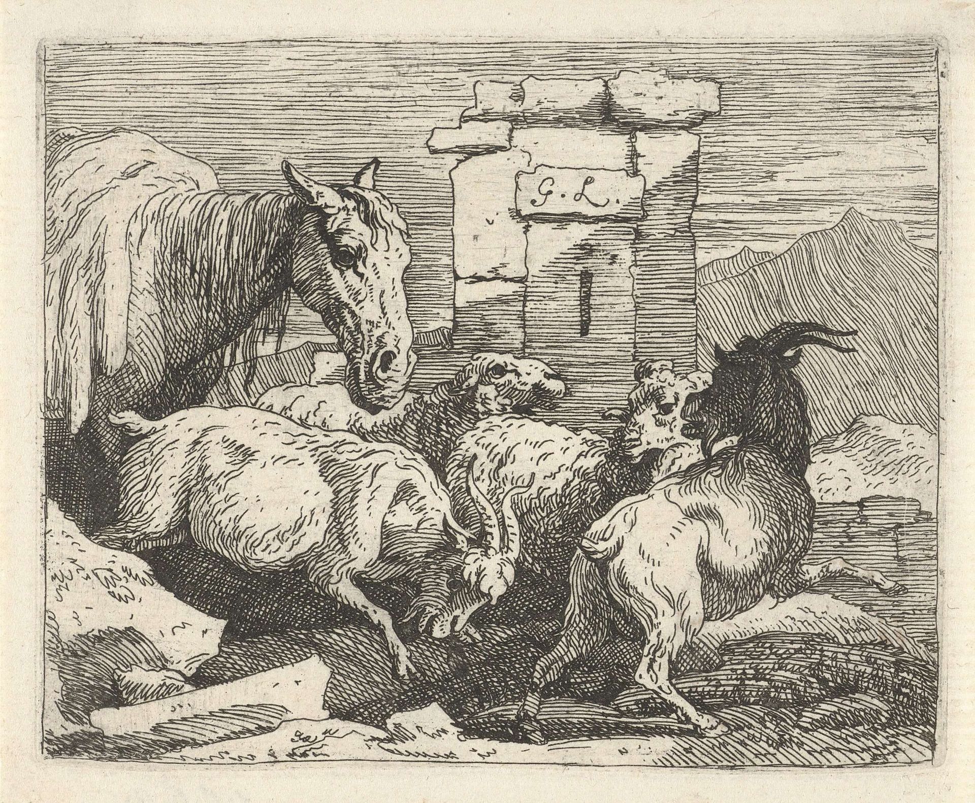 Paard, geiten en schapen by Govert van der Leeuw