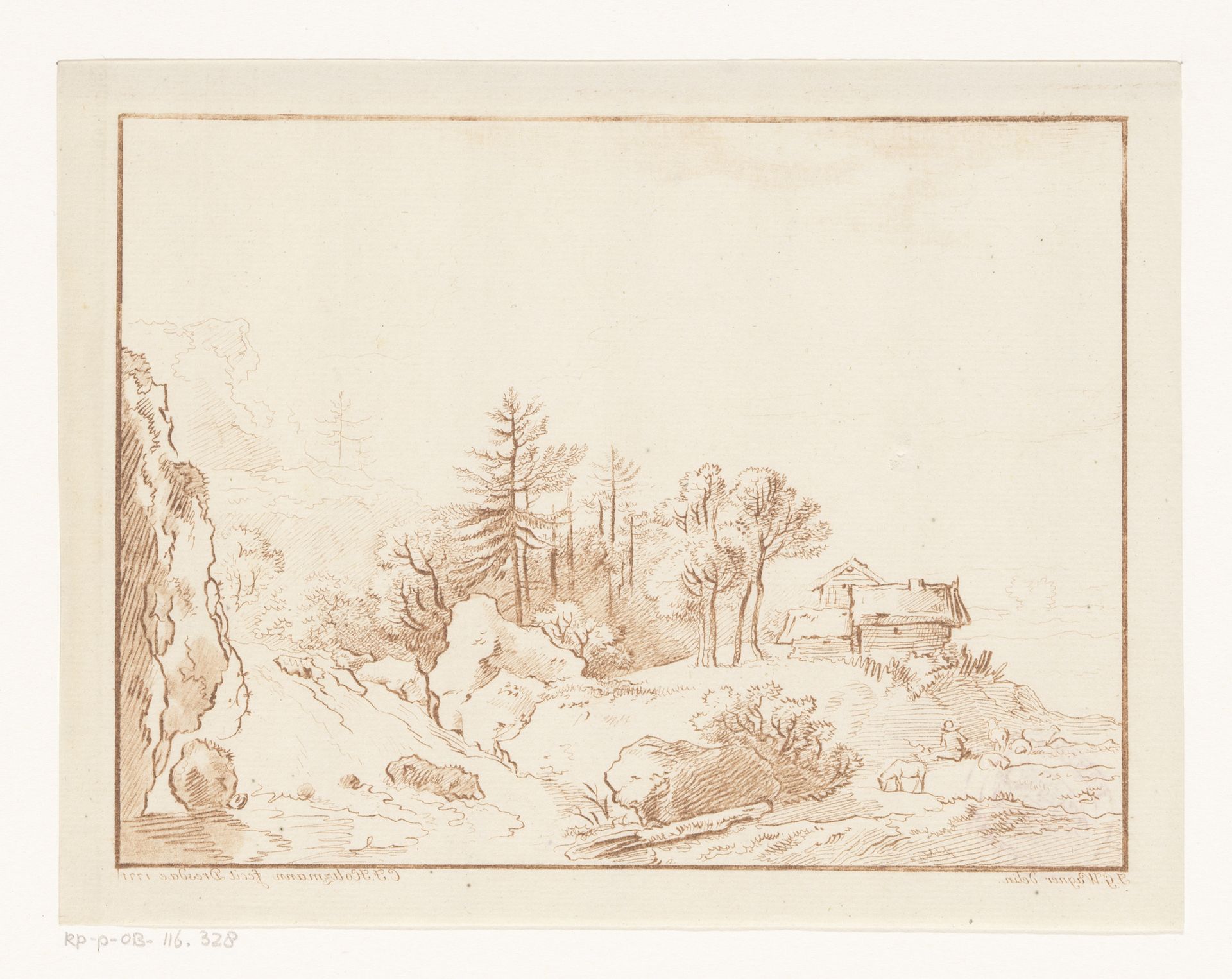 Heuvellandschap met herder bij een hut en waterval by Carl Friedrich Holtzmann