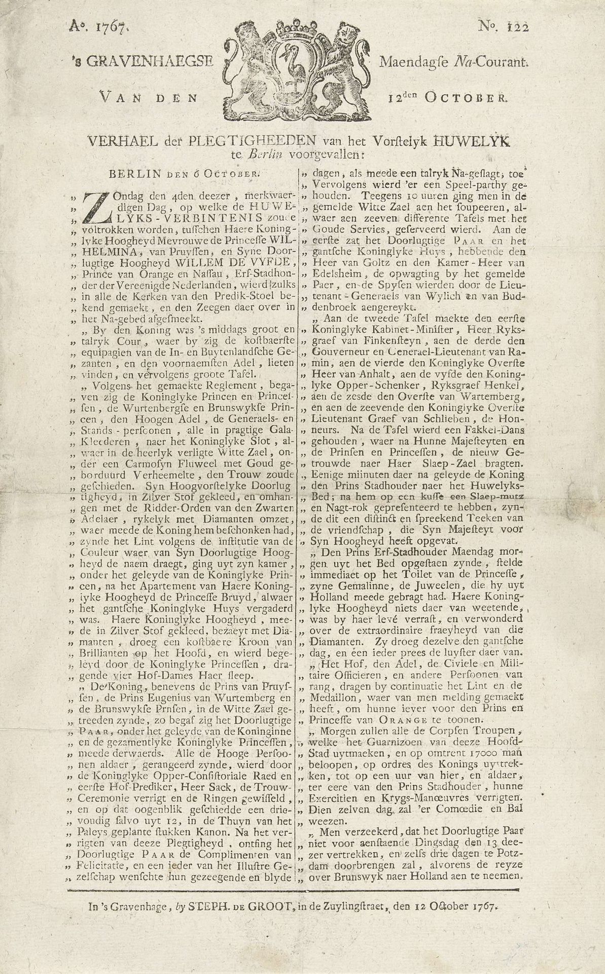 's Gravenhaegse Maendagse Na-Courant van 12 oktober 1767 over het huwelijk van Willem V en Wilhelmina van Pruisen by Stephanus de Groot