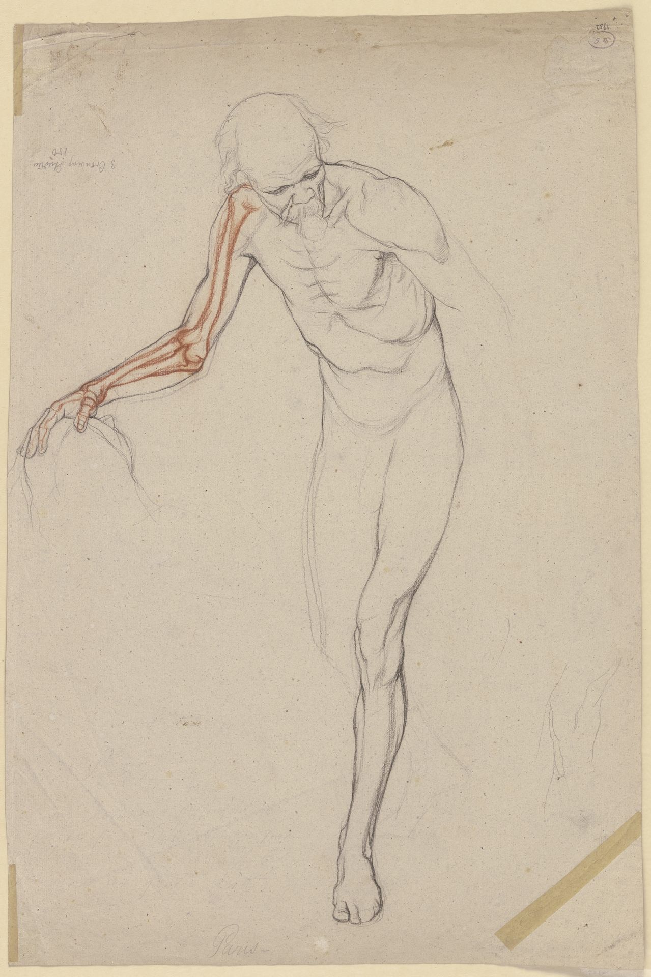 Aktfigur eines alten Mannes, das Knochengerüst seines rechten, auf den Kopf einer vor ihm knienden Frau gelegten Armes rot eingezeichnet by Victor Müller