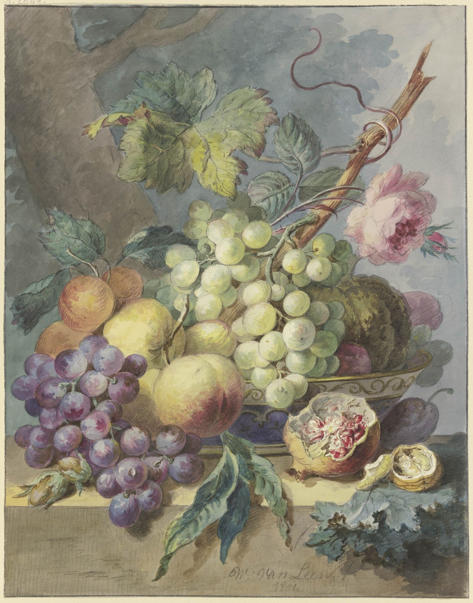 Fruchtstück mit Trauben, Pfirsichen usw., dabei eine Rose by Willem van Leen