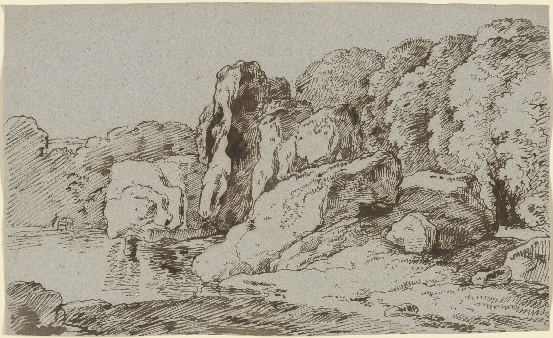 Felsen und Wald an einem Gewässer by Franz Kobell