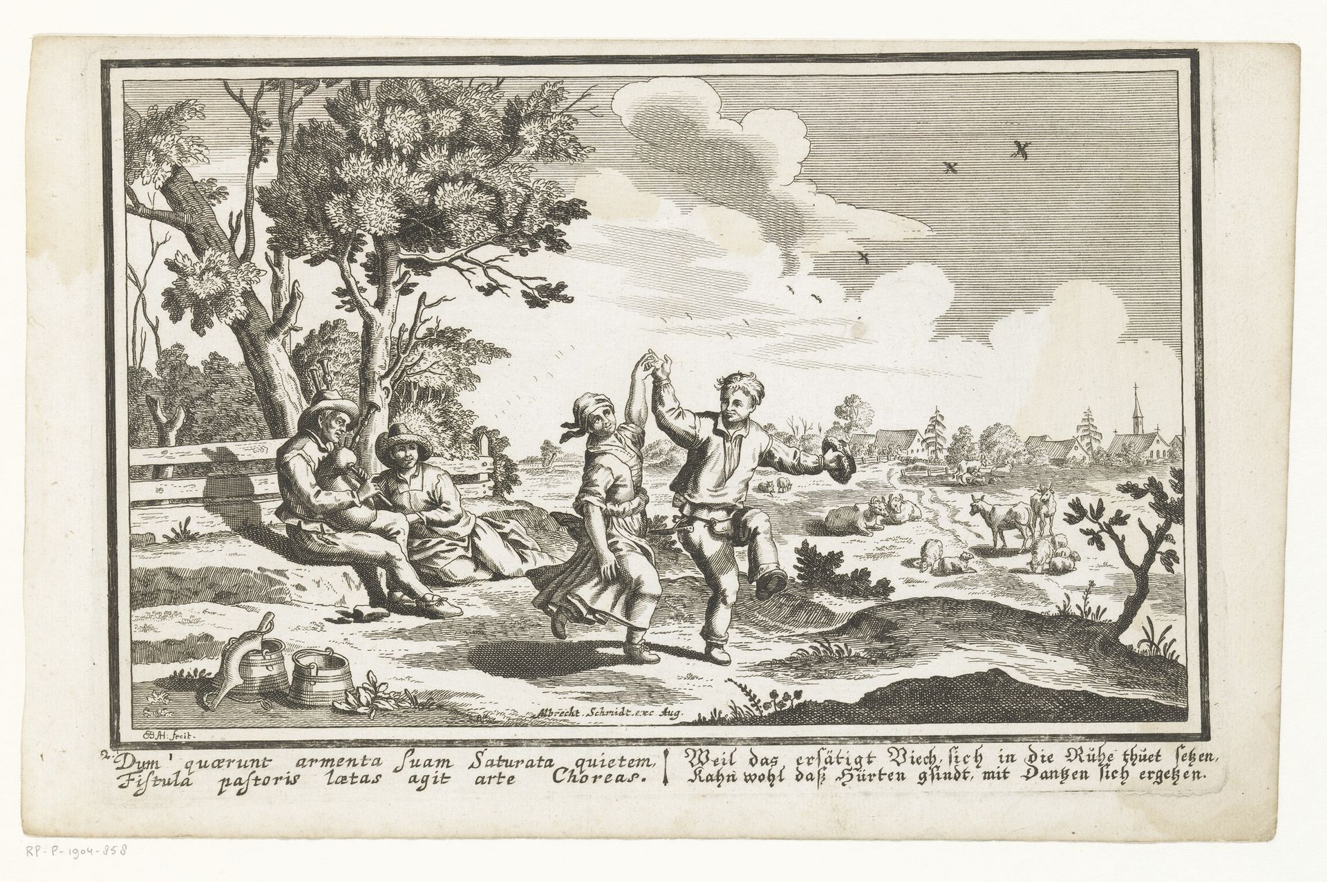 Landschap met een stel dansend op de muziek van een doedelzak by Elias Baeck