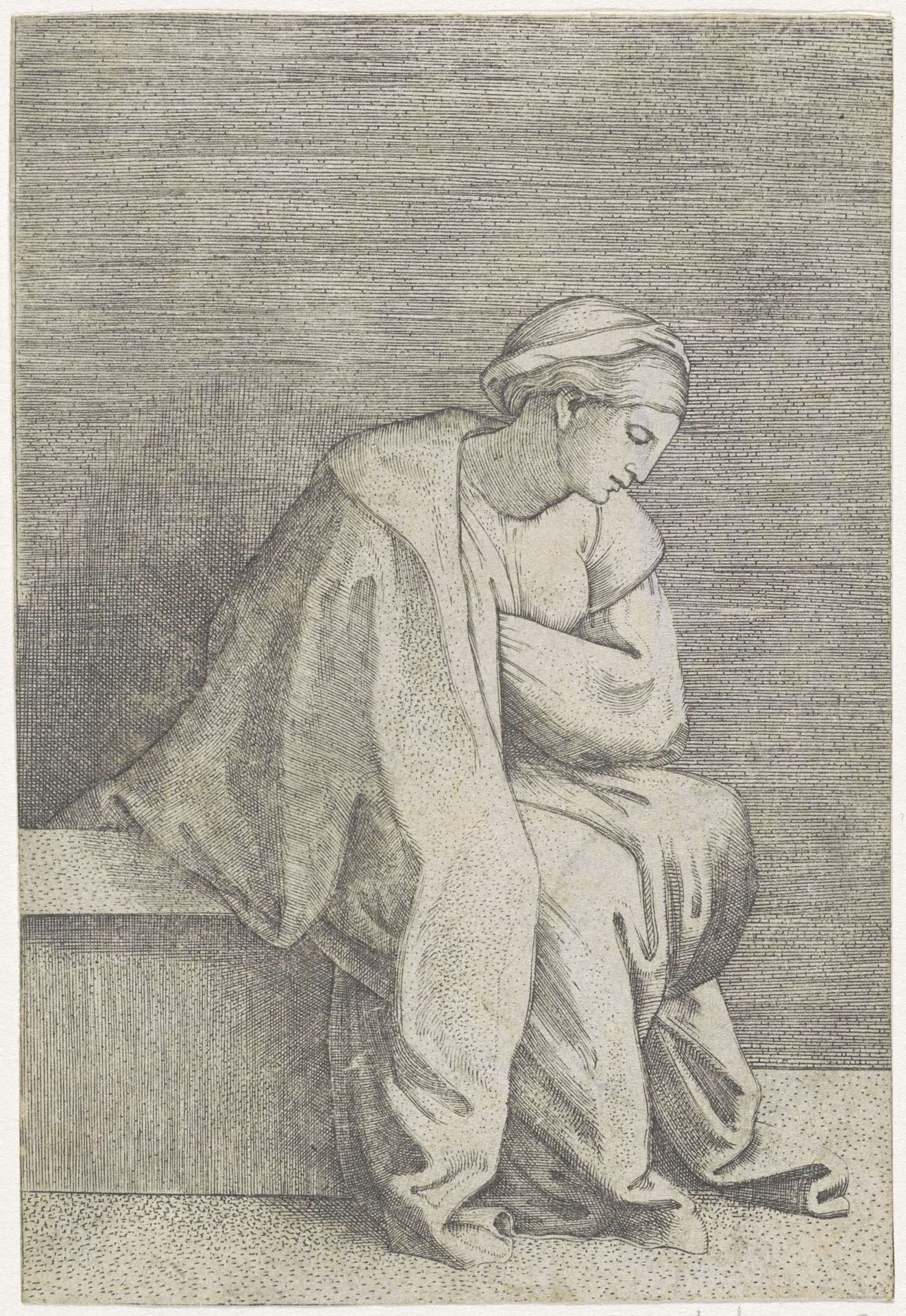 Zittende vrouw in overpeinzing by Marcantonio Raimondi