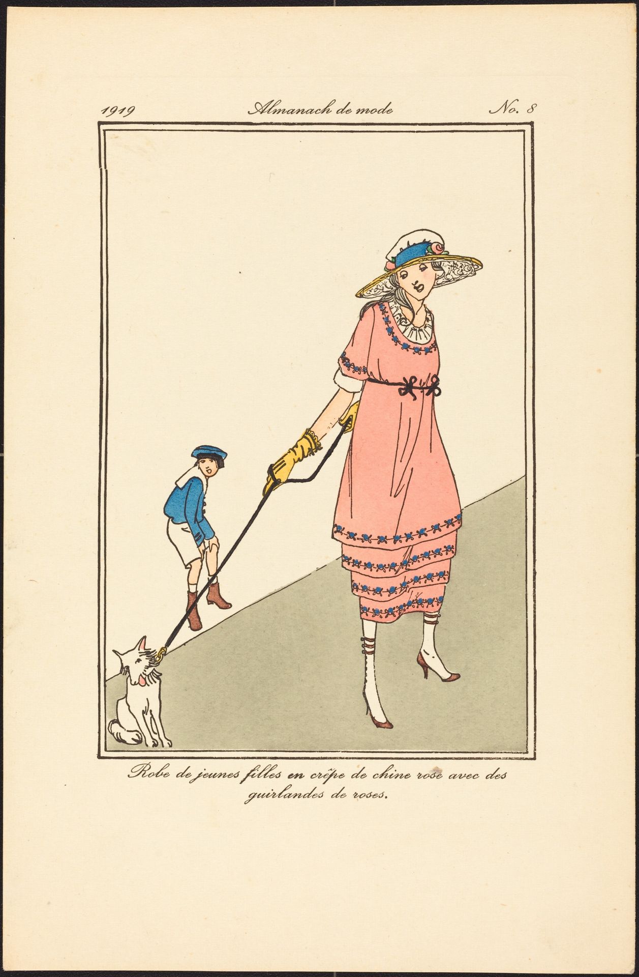 Robe de jeunes filles en crêpe de chine rose avec des guirlandes de roses. by Anonymous