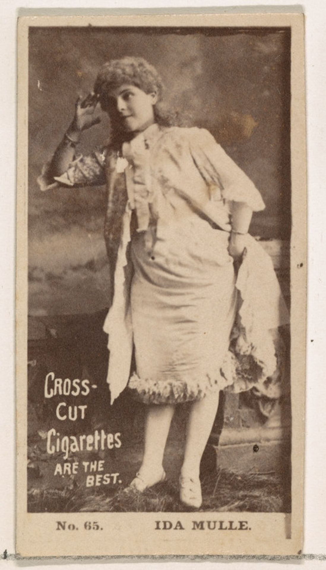 Card Number 65, Ida Mulle, from the Actors and Actresses series (N145-2) issued by Duke Sons & Co. to promote Cross Cut Cigarettes by W. Duke, Sons & Co.
