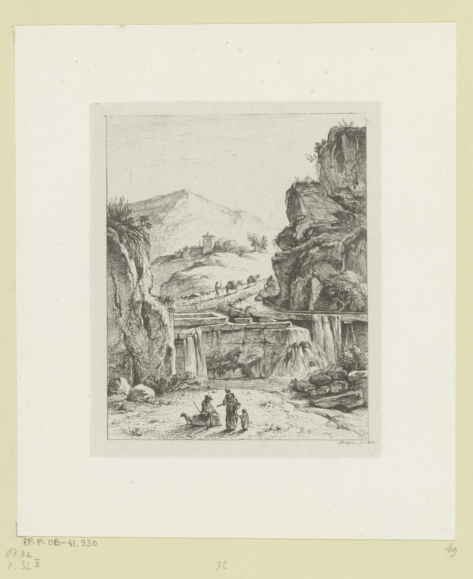 Berglandschap met figuren bij een steen en een man met twee ezels op een pad by Jean Jacques de Boissieu