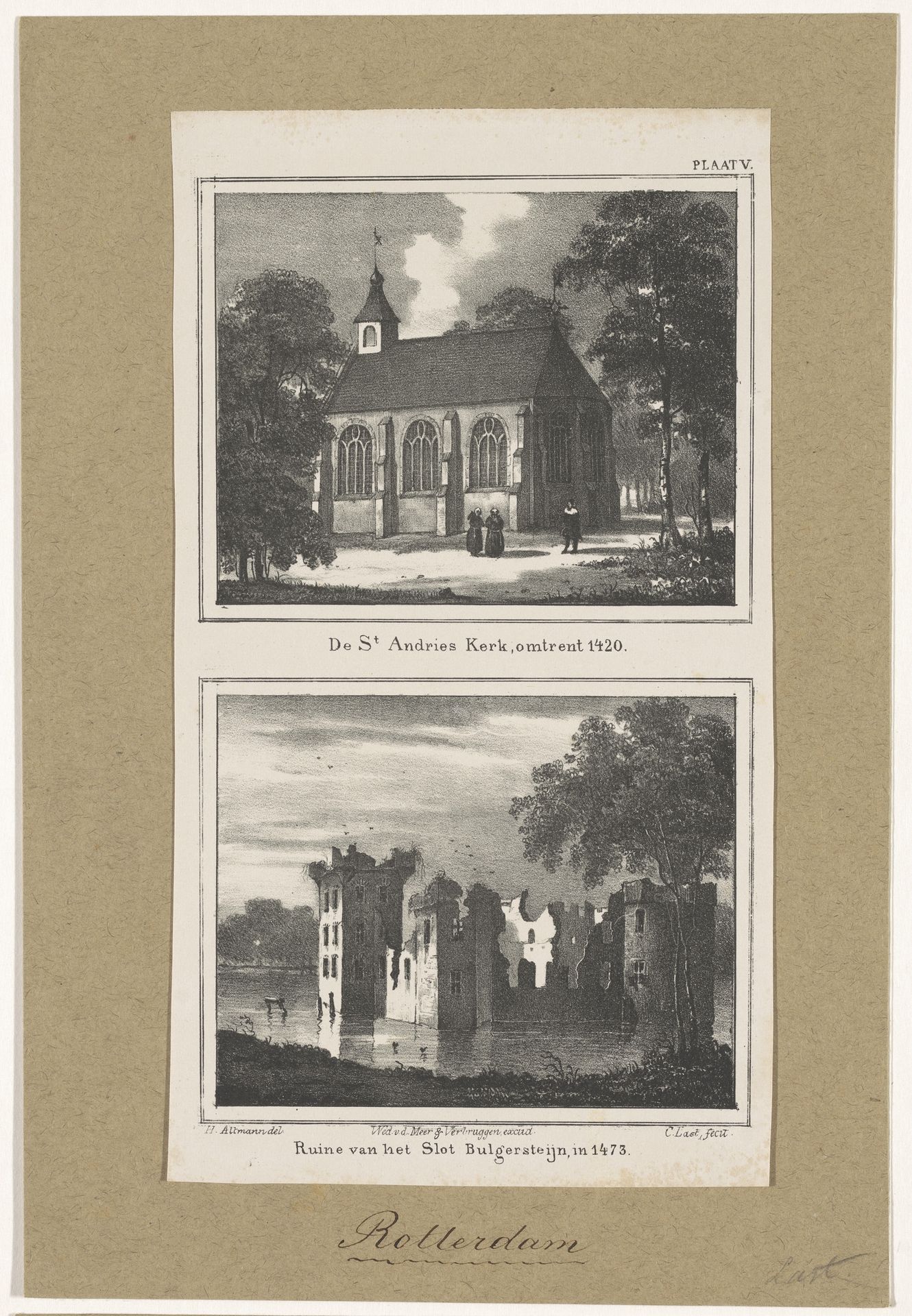 Sint AndriesKerk en ruïne van Slot Bulgersteijn in Rotterdam by Carel Christiaan Antony Last