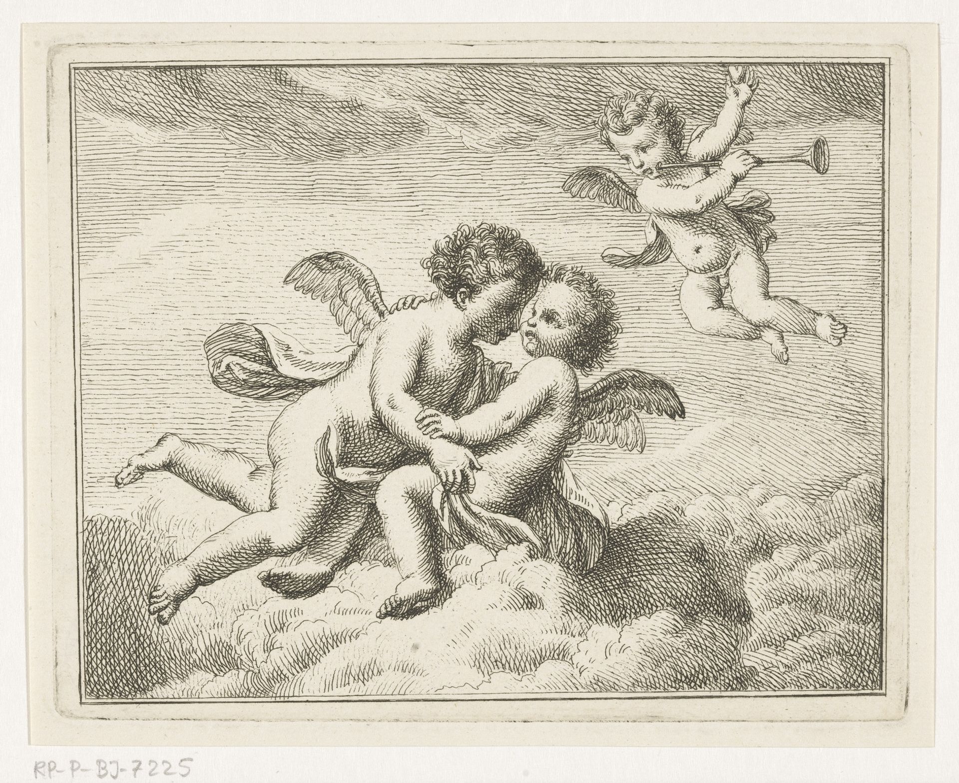 Drie putti in de wolken, een met een bazuin by Louis Fabritius Dubourg