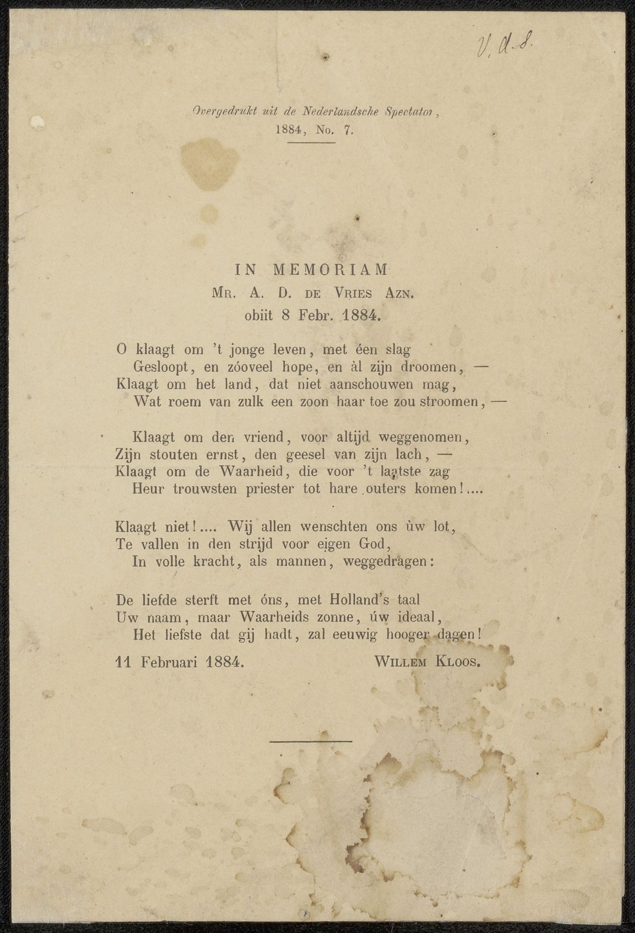 In memoriam Adrianus Daniël de Vries uit archief Jan Veth by Willem Kloos