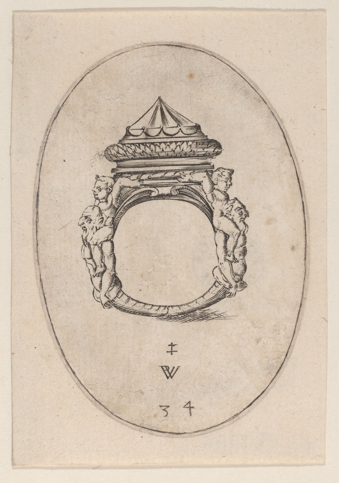 Design for a Ring with a Large Faceted Gemstone, Plate 34 from 'Livre d'Aneaux d'Orfevrerie' by Pierre Woeiriot de Bouzey II