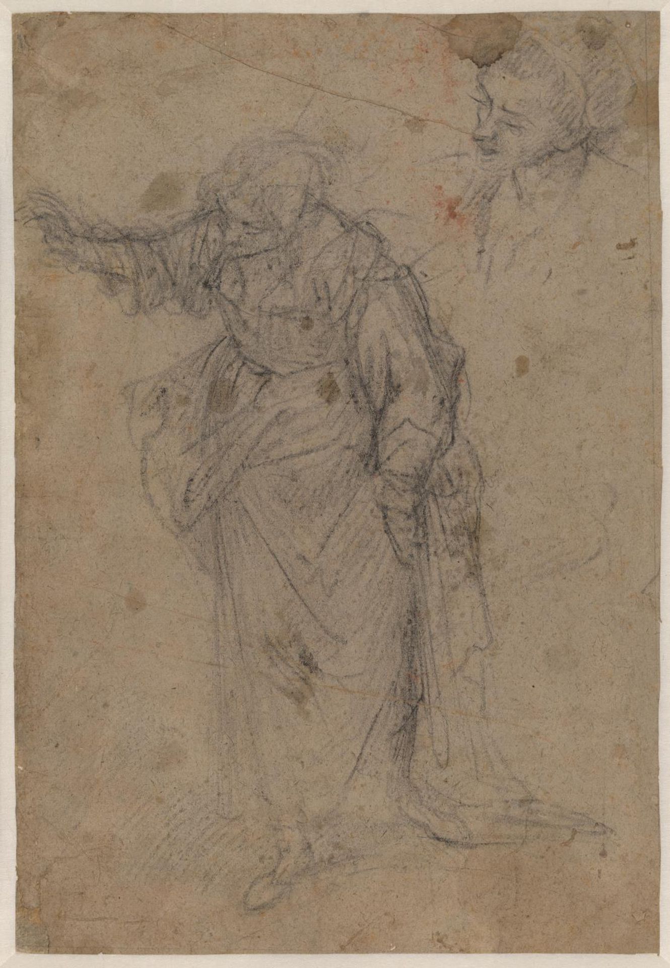 Heavily draped, standing woman turned to the right and looking down with her right arm stretched out, and a sketch for a head by Francesco Montelatici