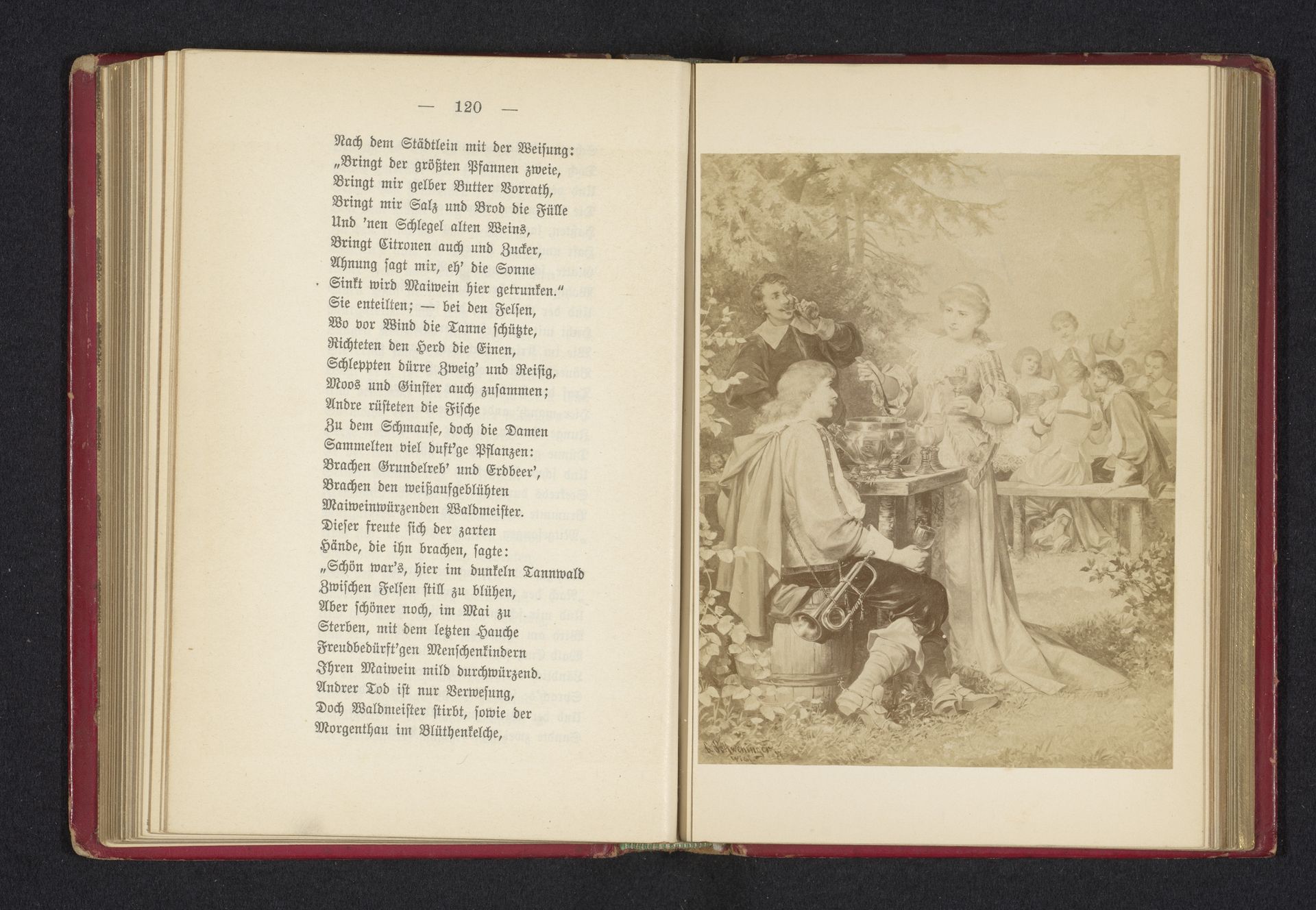 Fotoreproductie van een schilderij van een scene uit Der Trompeter von Säkkingen, voorstellende de trompetter in een tuin drinkend met een gezelschap by Anonymous