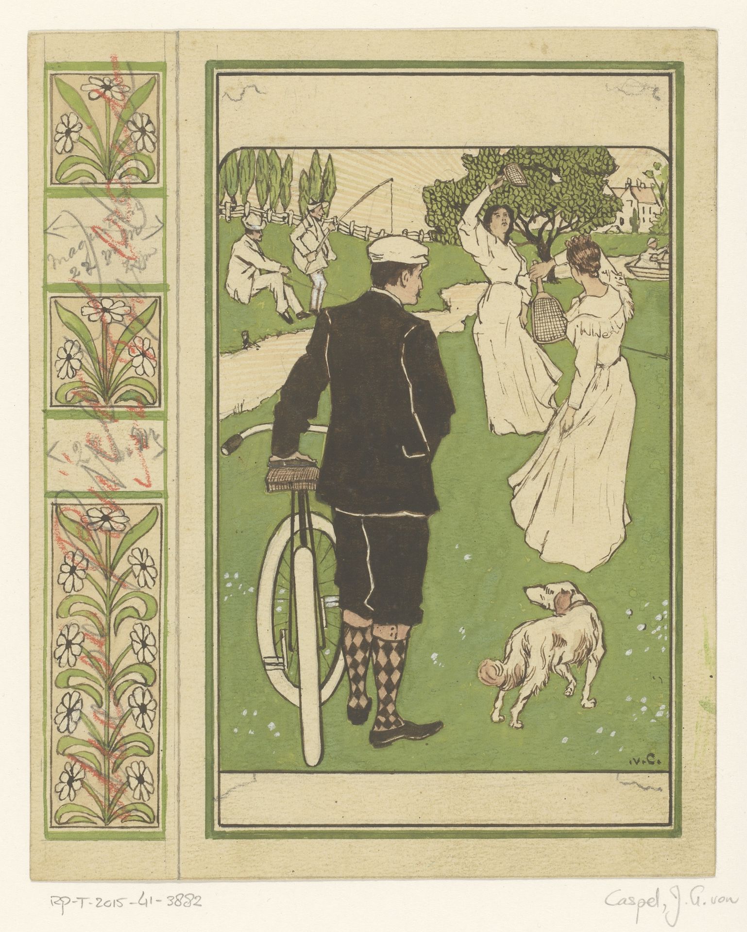 Bandontwerp met man met fiets en badmintonspelers by Johann Georg van Caspel