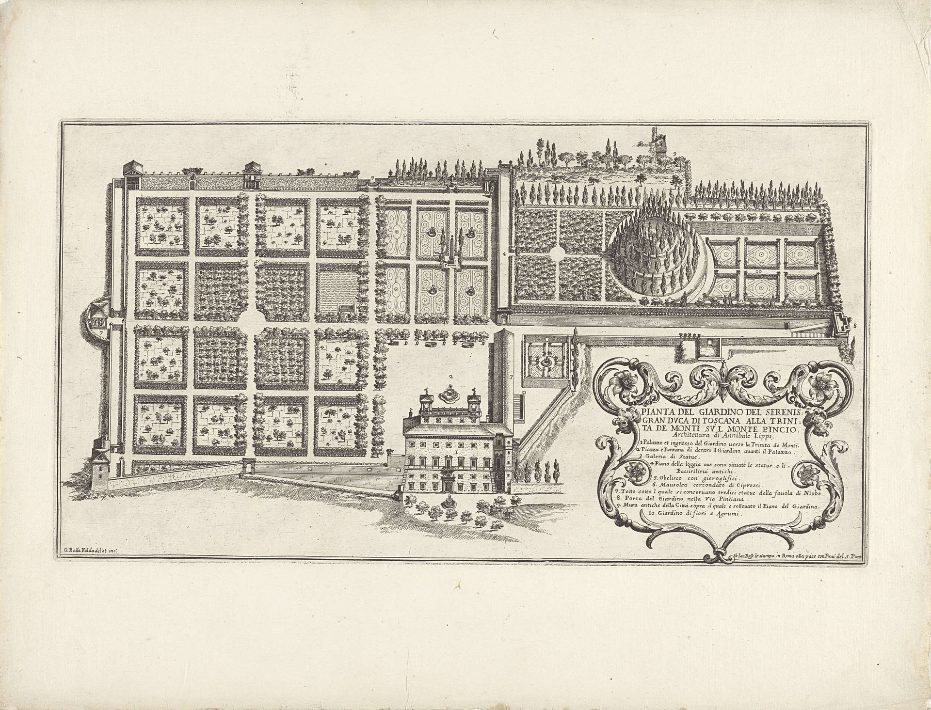 Plattegrond van de tuin van de Villa Medici te Rome by Giovanni Battista Falda