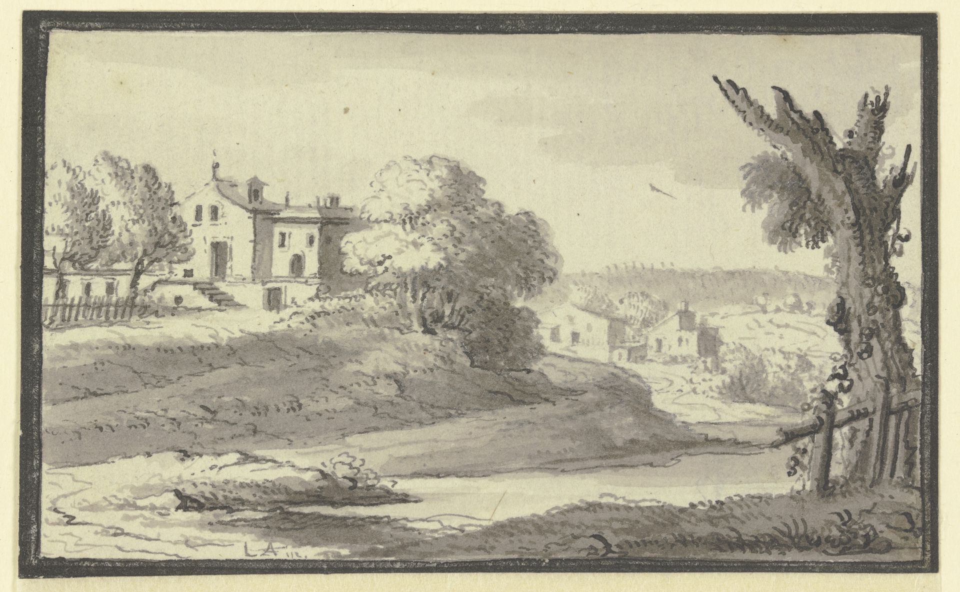Landschaft mit Häusern auf einem Hügel am Wasser by Johann Ludwig Aberli