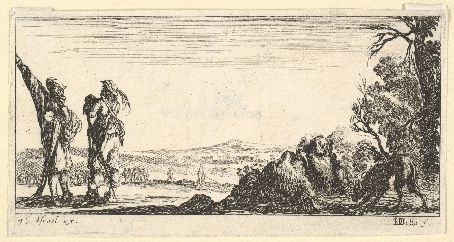 Plate 7: two soldiers standing to left, a wolf devouring a dead horse to right with another wolf entering from right, from  'Troops, cannons, and attacks on towns' (Dessins de quelques conduites de troupes, canons, et ataques de villes) by Stefano della Bella