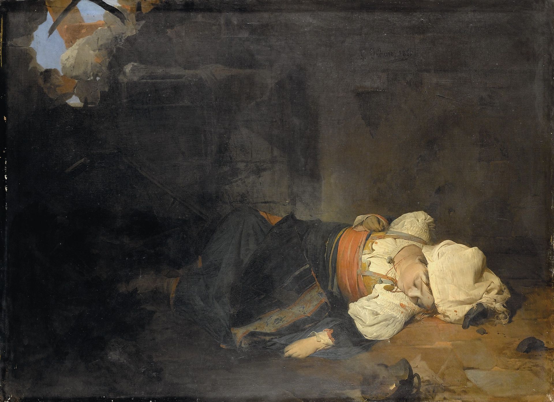 A woman from Trastevere killed by a bomb by Gerolamo Induno
