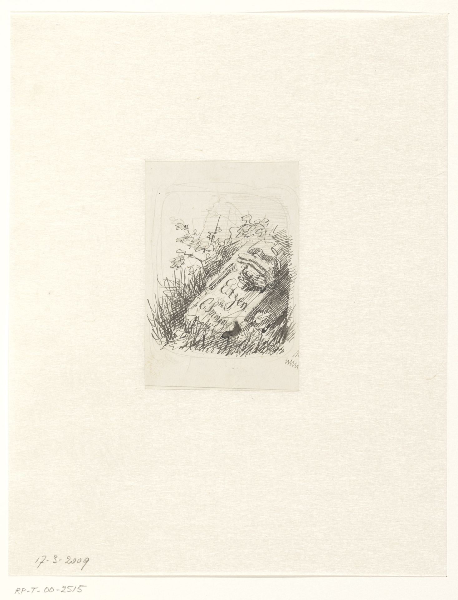 Steen met inscriptie in het gras by Cornelis Springer