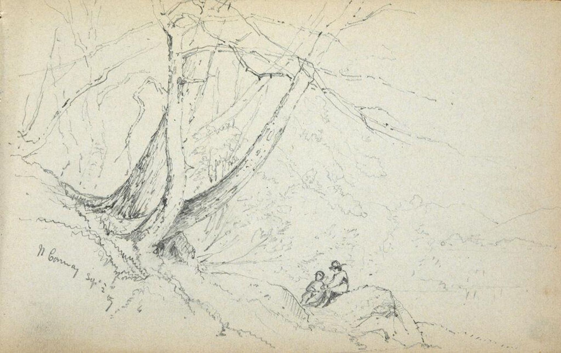 Two Figures in a Landscape, North Conway, New Hampshire; verso: blank page by Benjamin Champney