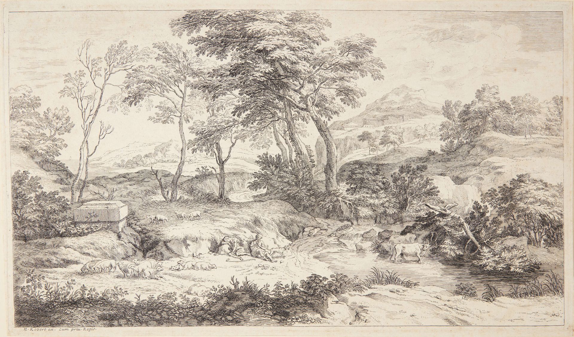 Fløjtespillende hyrde med får by Adriaen van der Kabel