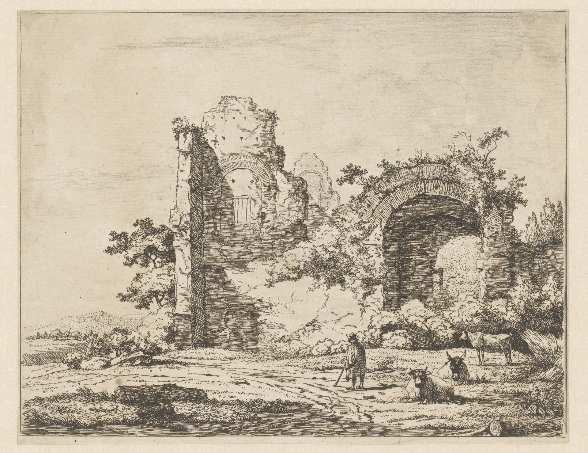 Landschap met ruïne en herder by Charles Echard